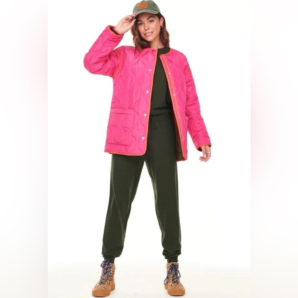Never Fully Dressed Reversible Quilted Puffer Jacket - Olive/Hot Pink - Picture 2 of 6
